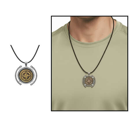 Pusula Temalı İp Zincirli 925 Ayar Gümüş Madalyon Kolye - Tesbihane