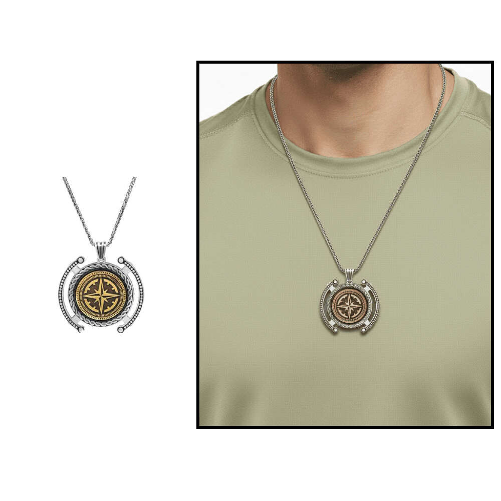 Pusula Temalı Kalın Zincirli 925 Ayar Gümüş Madalyon Kolye - 1