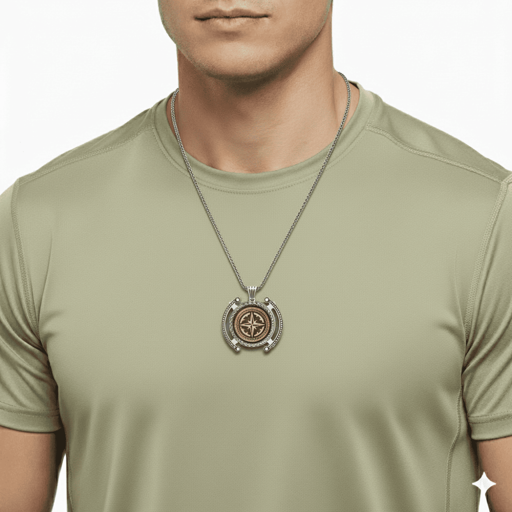 Pusula Temalı Kalın Zincirli 925 Ayar Gümüş Madalyon Kolye - 2