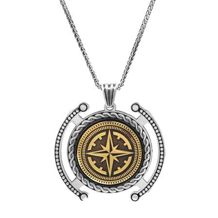 Pusula Temalı Kalın Zincirli 925 Ayar Gümüş Madalyon - Tesbihane