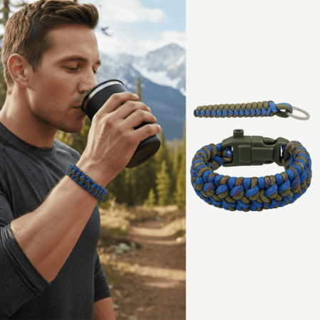 Pusulalı Çakmaklı Paracord Bileklik Anahtarlık - Mavi Kamuflaj Desen - Kamp ve Doğa Sporları İçin - Tesbihane