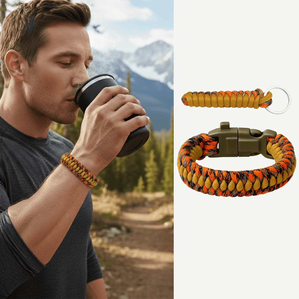 Pusulalı Çakmaklı Paracord Bileklik Anahtarlık - Turuncu Kamuflaj Desen - Kamp ve Doğa Sporları İçin - 1