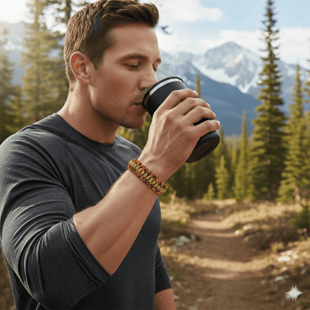 Pusulalı Çakmaklı Paracord Bileklik Anahtarlık - Turuncu Kamuflaj Desen - Kamp ve Doğa Sporları İçin - 2