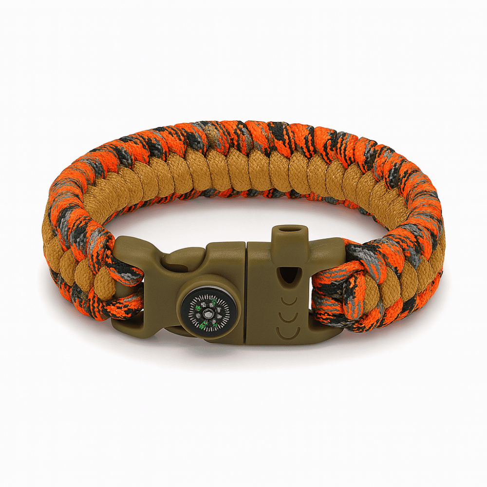 Pusulalı Çakmaklı Paracord Bileklik Anahtarlık - Turuncu Kamuflaj Desen - Kamp ve Doğa Sporları İçin - 4