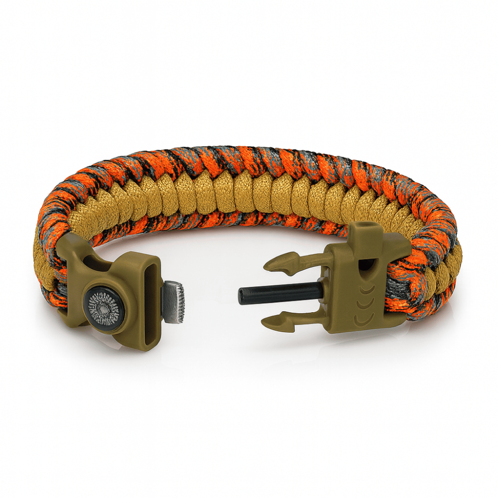 Pusulalı Çakmaklı Paracord Bileklik Anahtarlık - Turuncu Kamuflaj Desen - Kamp ve Doğa Sporları İçin - 5