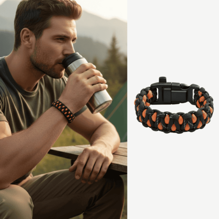 Pusulalı Çakmaklı Taktik Paracord Bileklik - Alev Kamuflaj Desen - Kamp ve Doğa Sporları İçin - Tesbihane