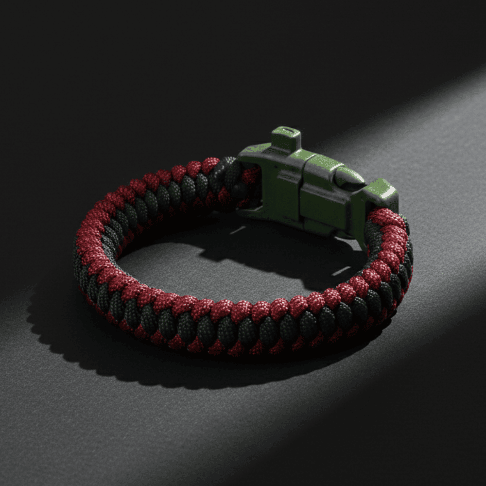 Pusulalı Çakmaklı Taktik Paracord Bileklik - Bordo Yeşil Kamuflaj Desen - Kamp ve Doğa Sporları İçin - 3