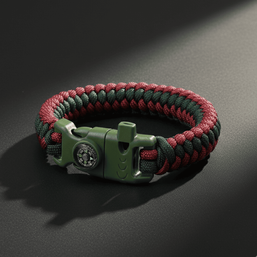 Pusulalı Çakmaklı Taktik Paracord Bileklik - Bordo Yeşil Kamuflaj Desen - Kamp ve Doğa Sporları İçin - 4