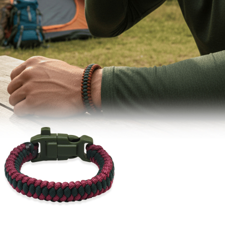 Pusulalı Çakmaklı Taktik Paracord Bileklik - Bordo Yeşil Kamuflaj Desen - Kamp ve Doğa Sporları İçin - Tesbihane