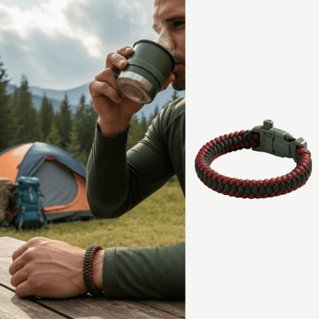 Pusulalı Çakmaklı Taktik Paracord Bileklik - Bordo Yeşil Kamuflaj Desen - Kamp ve Doğa Sporları İçin - Tesbihane