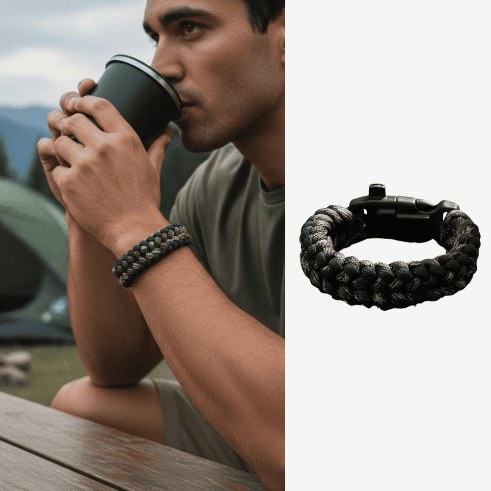 Pusulalı Çakmaklı Taktik Paracord Bileklik - Gece Kamuflaj Desen - Kamp ve Doğa Sporları İçin - 1