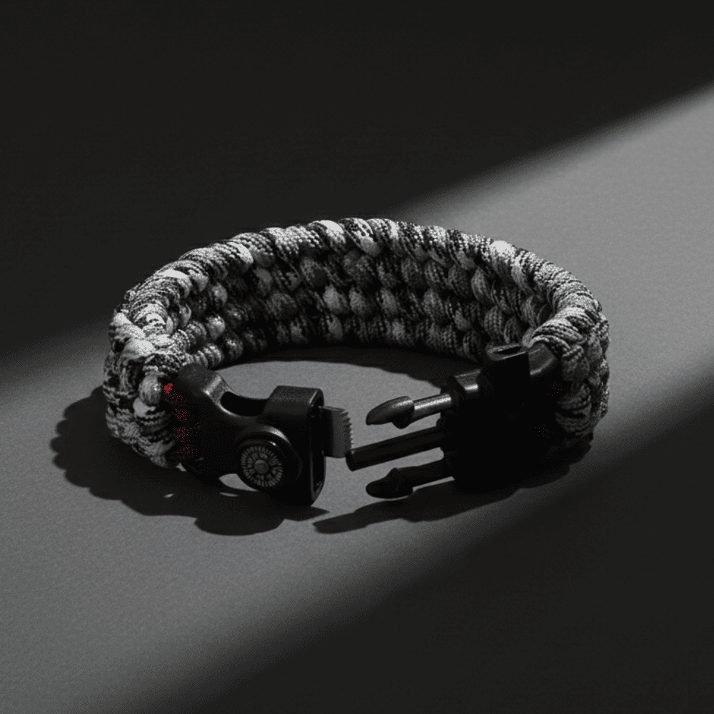 Pusulalı Çakmaklı Taktik Paracord Bileklik - Monokrom Kamuflaj Desen - Kamp ve Doğa Sporları İçin - 5