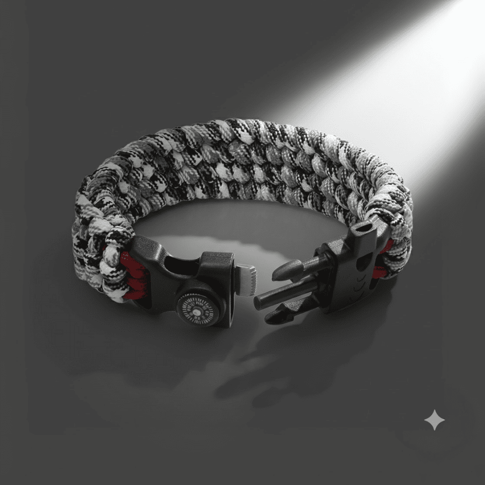 Pusulalı Çakmaklı Taktik Paracord Bileklik - Monokrom Kamuflaj Desen - Kamp ve Doğa Sporları İçin - 3