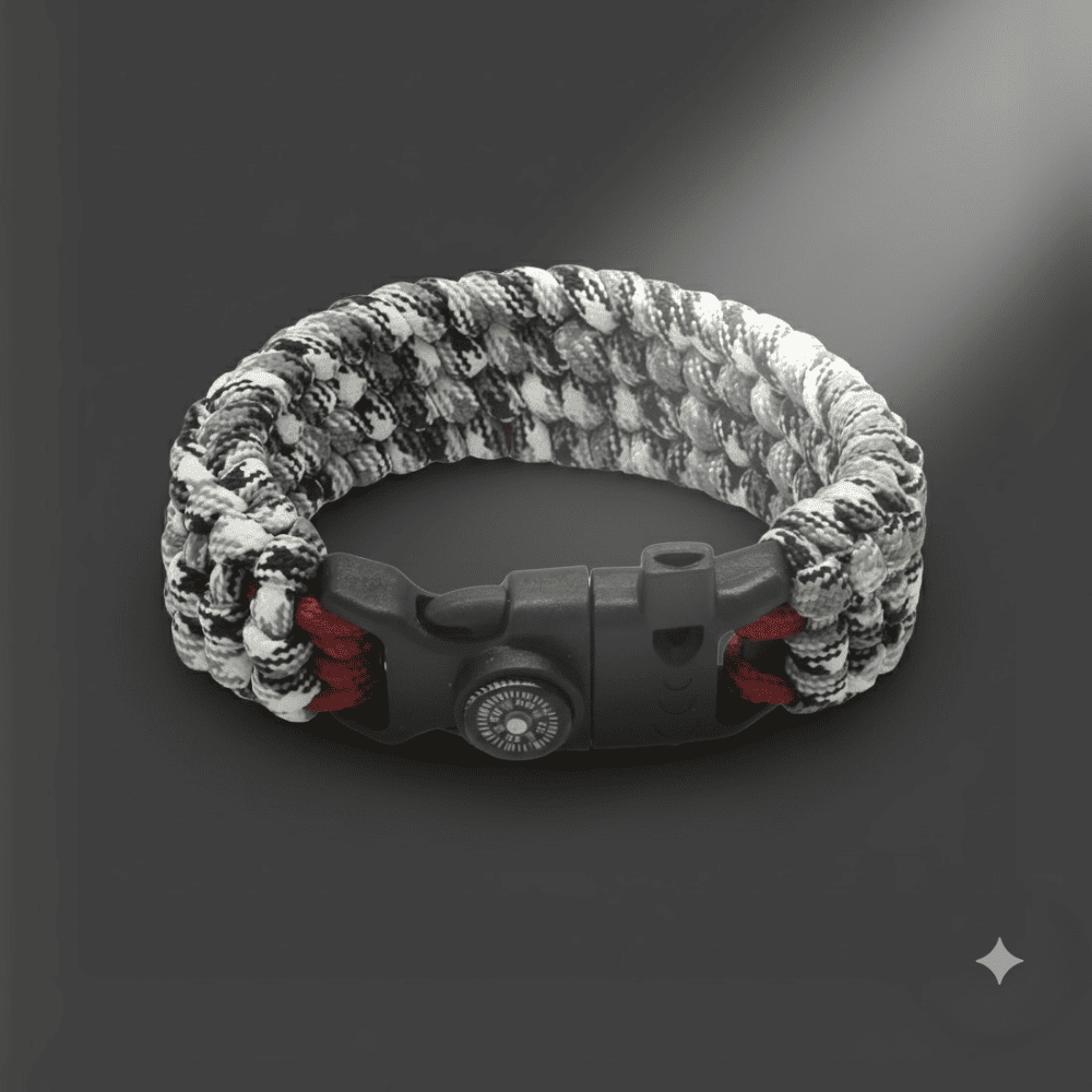 Pusulalı Çakmaklı Taktik Paracord Bileklik - Monokrom Kamuflaj Desen - Kamp ve Doğa Sporları İçin - 5