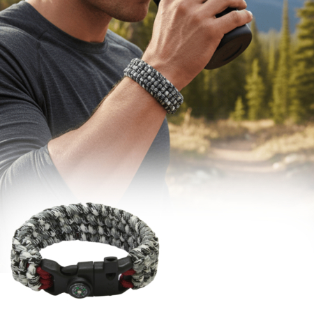 Pusulalı Çakmaklı Taktik Paracord Bileklik - Monokrom Kamuflaj Desen - Kamp ve Doğa Sporları İçin - Tesbihane