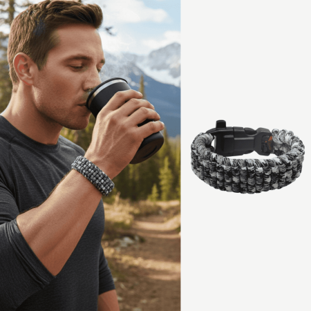 Pusulalı Çakmaklı Taktik Paracord Bileklik - Monokrom Kamuflaj Desen - Kamp ve Doğa Sporları İçin - Tesbihane
