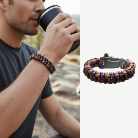 Pusulalı Çakmaklı Taktik Paracord Bileklik - Toprak Mor Kamuflaj Desen - Kamp ve Doğa Sporları İçin - Tesbihane