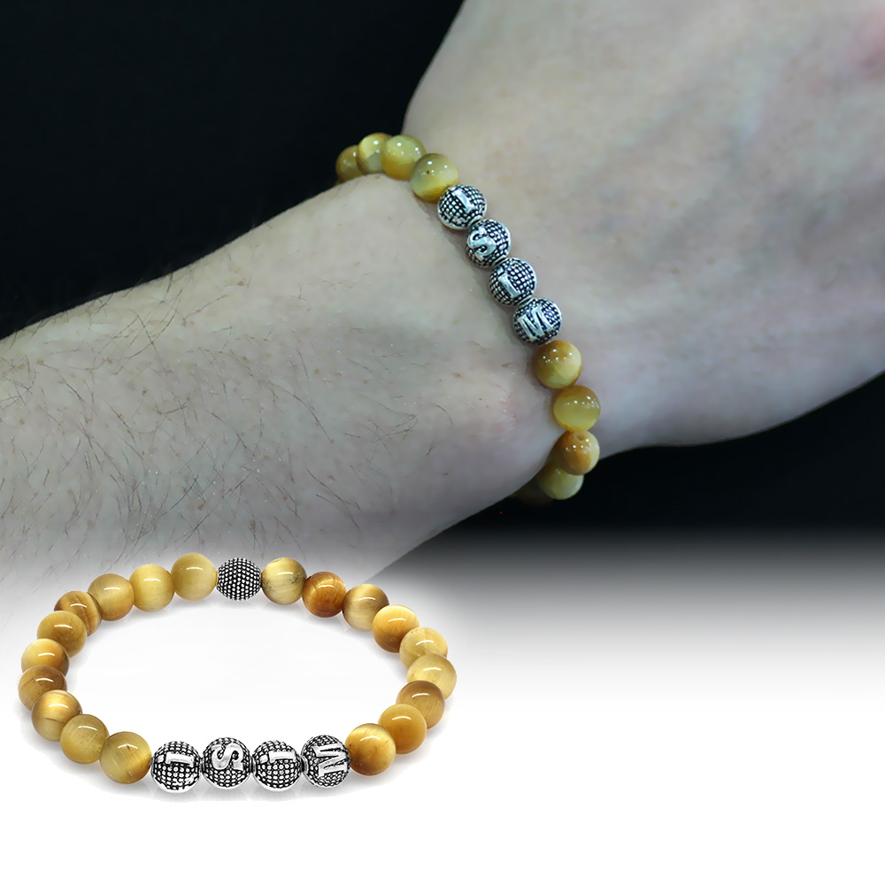 Kaplan Gözü Doğaltaş Bileklik - İsme Özel Yazılı - Çok Renkli - Metal Kombinli - Küre Kesim - 2 - 1