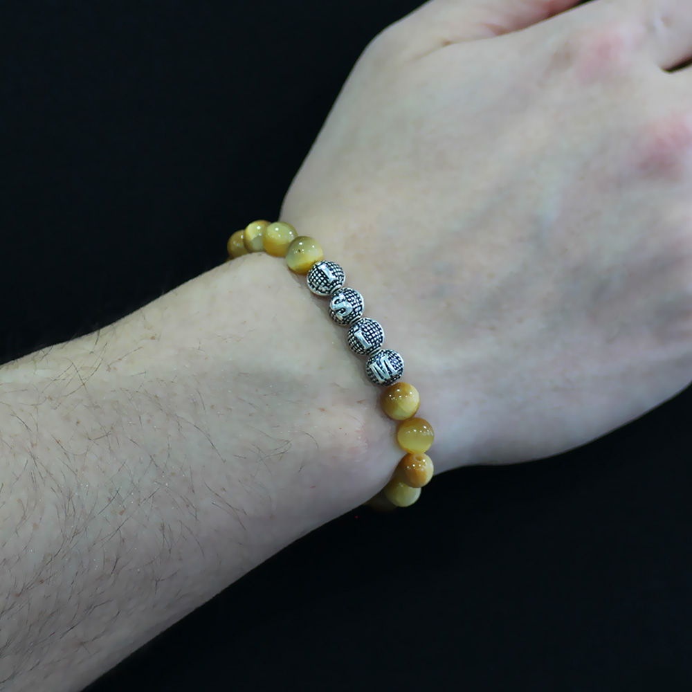 Kaplan Gözü Doğaltaş Bileklik - İsme Özel Yazılı - Çok Renkli - Metal Kombinli - Küre Kesim - 2 - 2