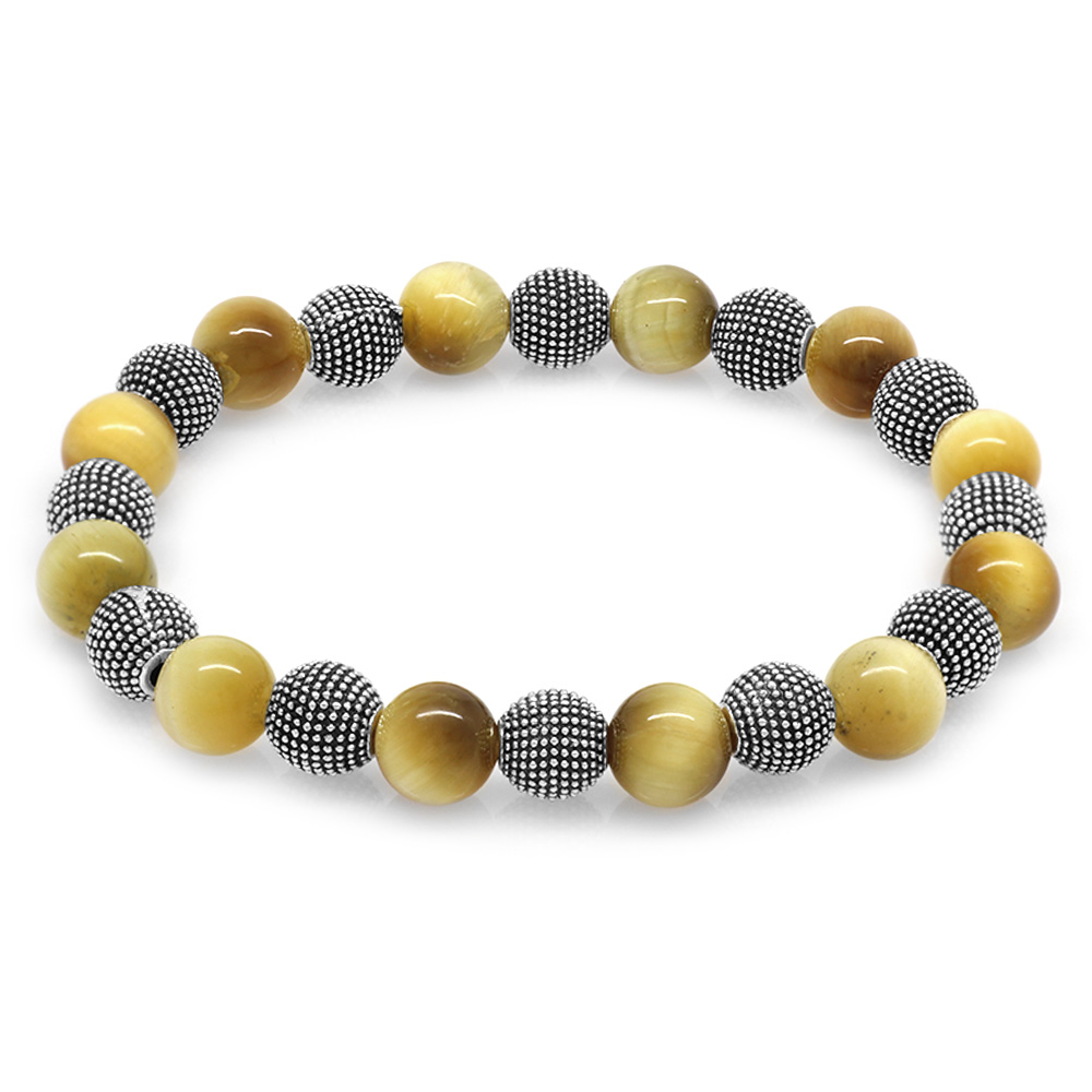 Kaplan Gözü Doğaltaş Bileklik - Çok Renkli - Metal Kombinli - Küre Kesim - 3