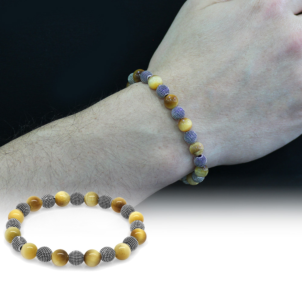 Kaplan Gözü Doğaltaş Bileklik - Çok Renkli - Metal Kombinli - Küre Kesim - 1