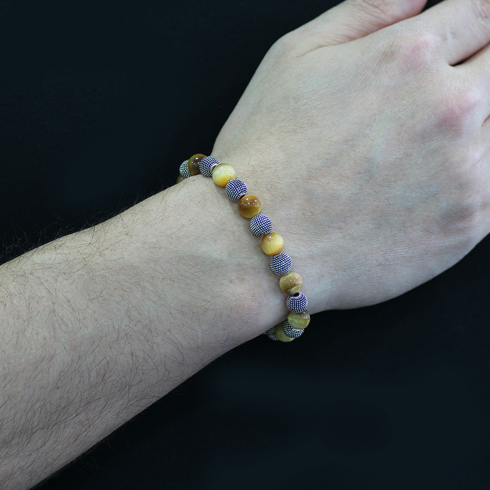 Kaplan Gözü Doğaltaş Bileklik - Çok Renkli - Metal Kombinli - Küre Kesim - 2