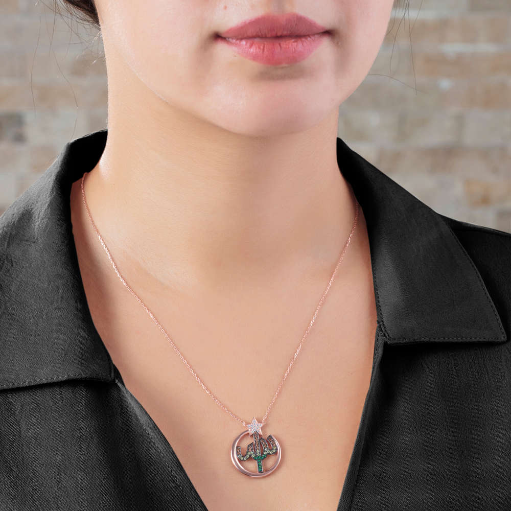 Renkli Zirkon Taşlı Arapça Allah Yazılı 925 Ayar Gümüş Bayan Kolye - 2