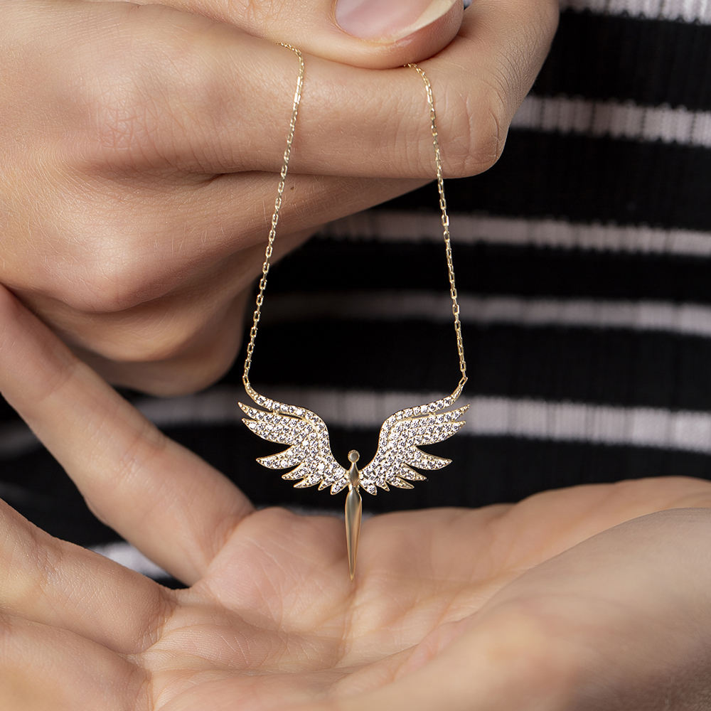 Renkli Zirkon Taşlı Melek Tasarım Altın Renk 925 Ayar Gümüş Bayan Kolye - 4