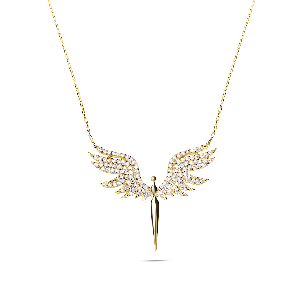 Renkli Zirkon Taşlı Melek Tasarım Altın Renk 925 Ayar Gümüş Bayan Kolye - 5