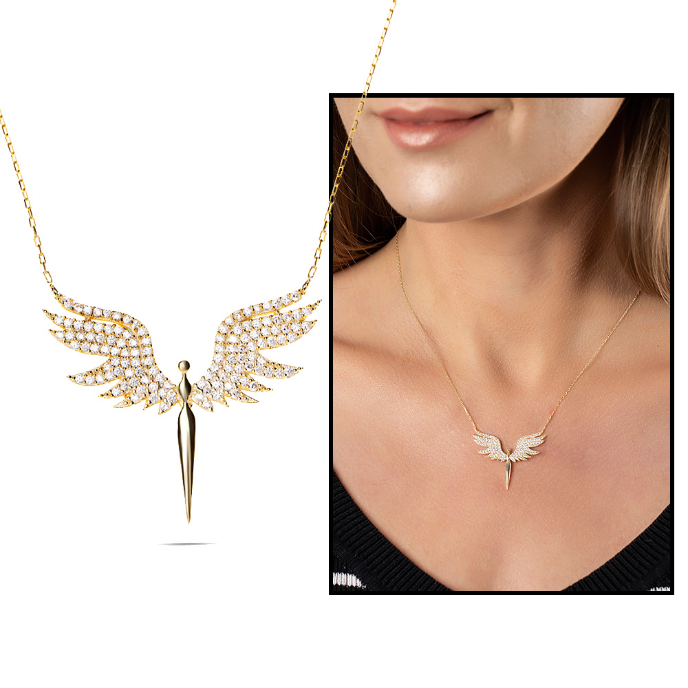 Renkli Zirkon Taşlı Melek Tasarım Altın Renk 925 Ayar Gümüş Bayan Kolye - 1