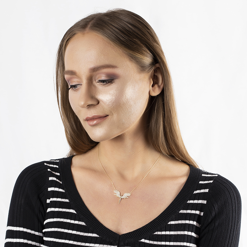 Renkli Zirkon Taşlı Melek Tasarım Altın Renk 925 Ayar Gümüş Bayan Kolye - 2