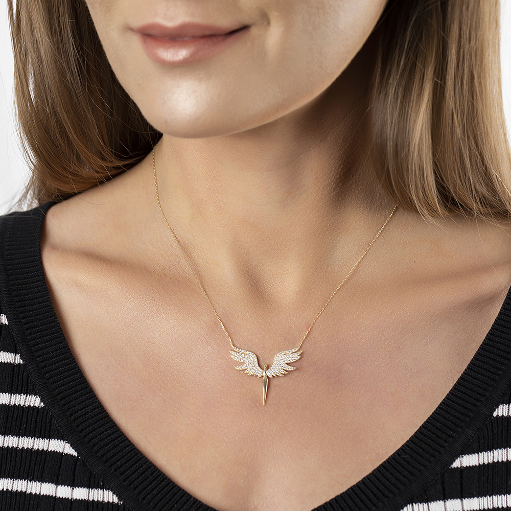 Renkli Zirkon Taşlı Melek Tasarım Altın Renk 925 Ayar Gümüş Bayan Kolye - 3