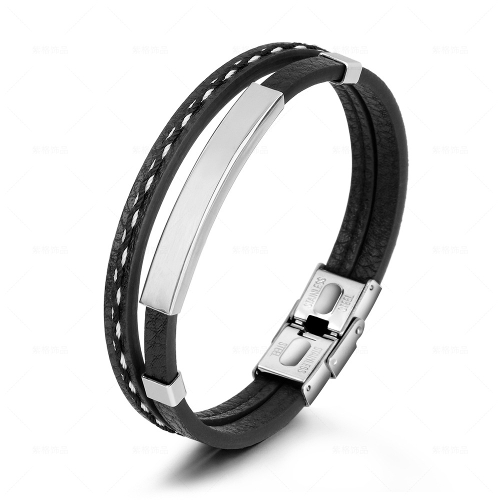 Retro Siyah Deri ve Gümüş Renk Çelik Plakalı Mekanizmalı İsme Özel Veya Harf Yazılı Erkek Bileklik - 2