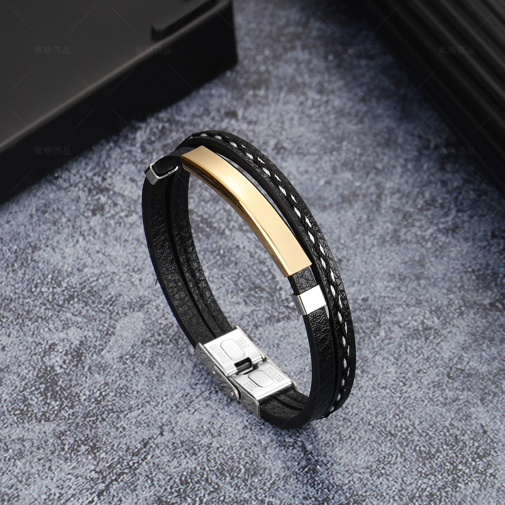 Retro Siyah Deri ve Sarı Renk Çelik Plakalı Mekanizmalı İsme Özel Veya Harf Yazılı Erkek Bileklik - 3