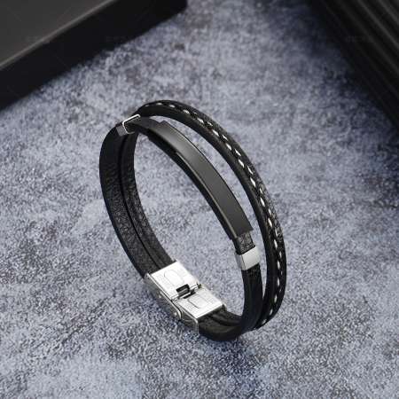 Retro Siyah Deri ve Siyah Renk Çelik Plakalı Mekanizmalı İsme Özel Veya Harf Yazılı Erkek Bileklik - Tesbihane