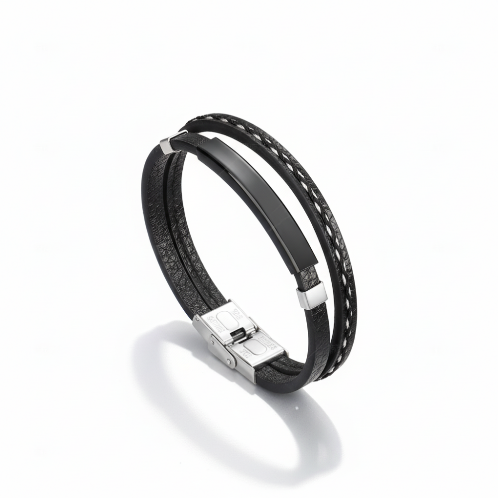 Retro Siyah Deri ve Çelik Plakalı Mekanizmalı İsme Özel Veya Harf Yazılı Erkek Bileklik - 3