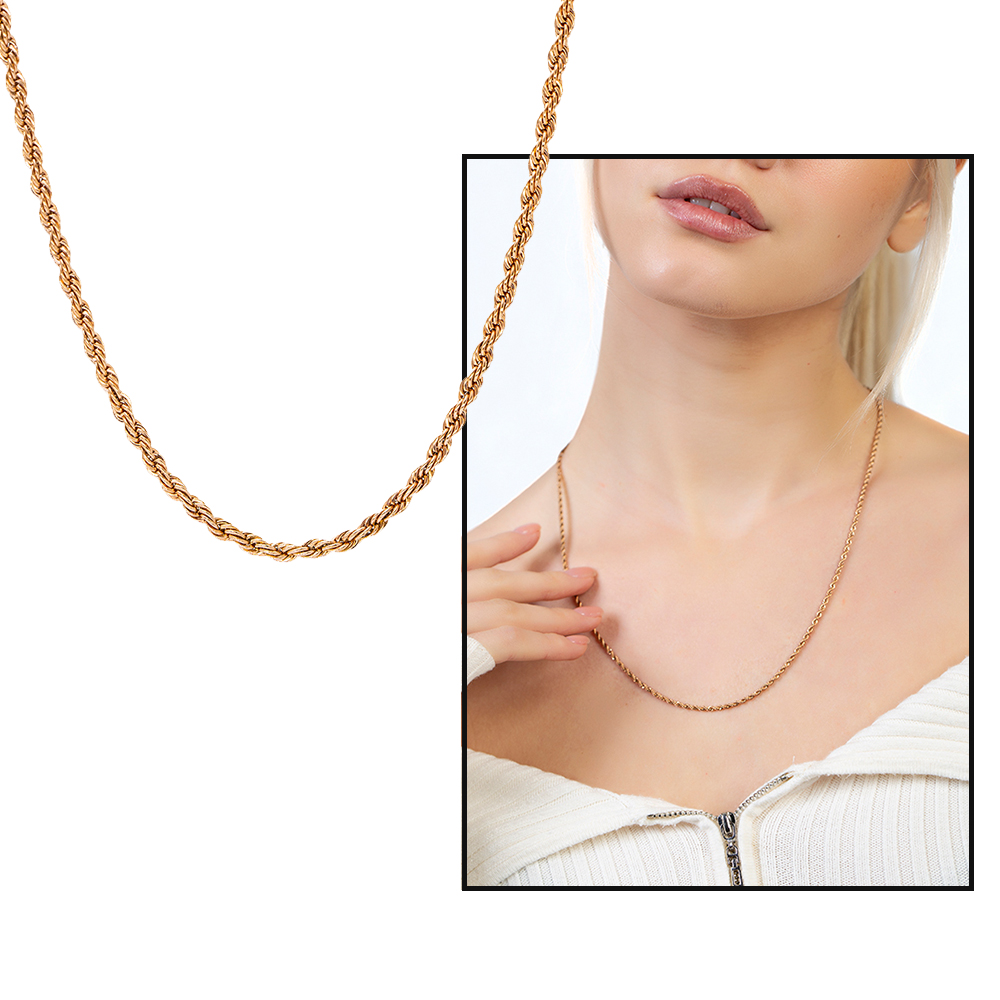 Kadın Çelik Zincir - Burma Model - Rose Renk - 55 cm Uzunluk - 3,5 mm Genişlik - 2