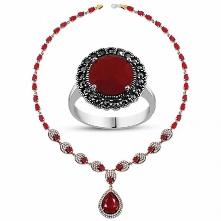 Rubi Taşlı Kolye ve Yüzük Kombini - Tesbihane