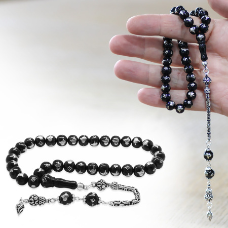 Rus Oltu Taşı - 925 Ayar Gümüş Kral Püsküllü - Tuğra İşlemeli - Küre Kesim - Siyah Renk - Tesbihane