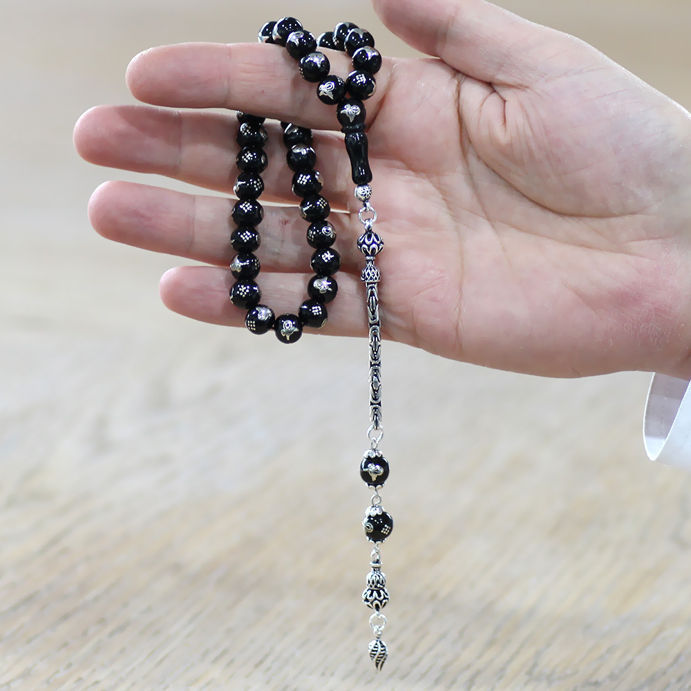 Rus Oltu Taşı - 925 Ayar Gümüş Kral Püsküllü - Tuğra İşlemeli - Küre Kesim - Siyah Renk - 2