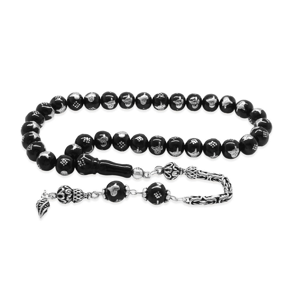 Rus Oltu Taşı - 925 Ayar Gümüş Kral Püsküllü - Tuğra İşlemeli - Küre Kesim - Siyah Renk - 4