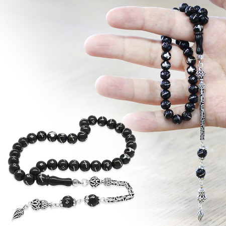 Rus Oltu Taşı Tesbih - 925 Ayar Gümüş Kral Püsküllü - Gümüş Tuğra İşlemeli - Küre Kesim - Tesbihane