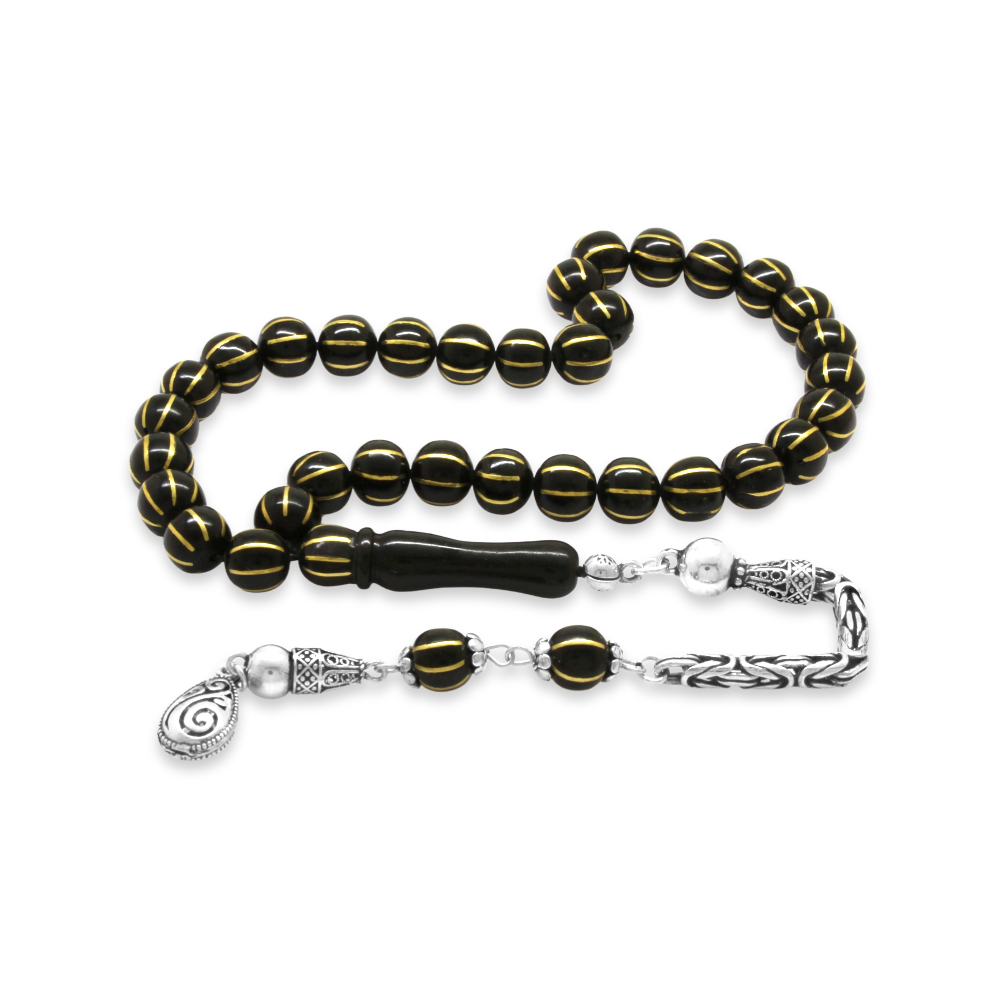 Rus Oltu Tesbih - 925 Ayar Gümüş Kral Zincir Püsküllü - 8 li Karpuz Yarma - Siyah Renk - Küre Kesim - 4