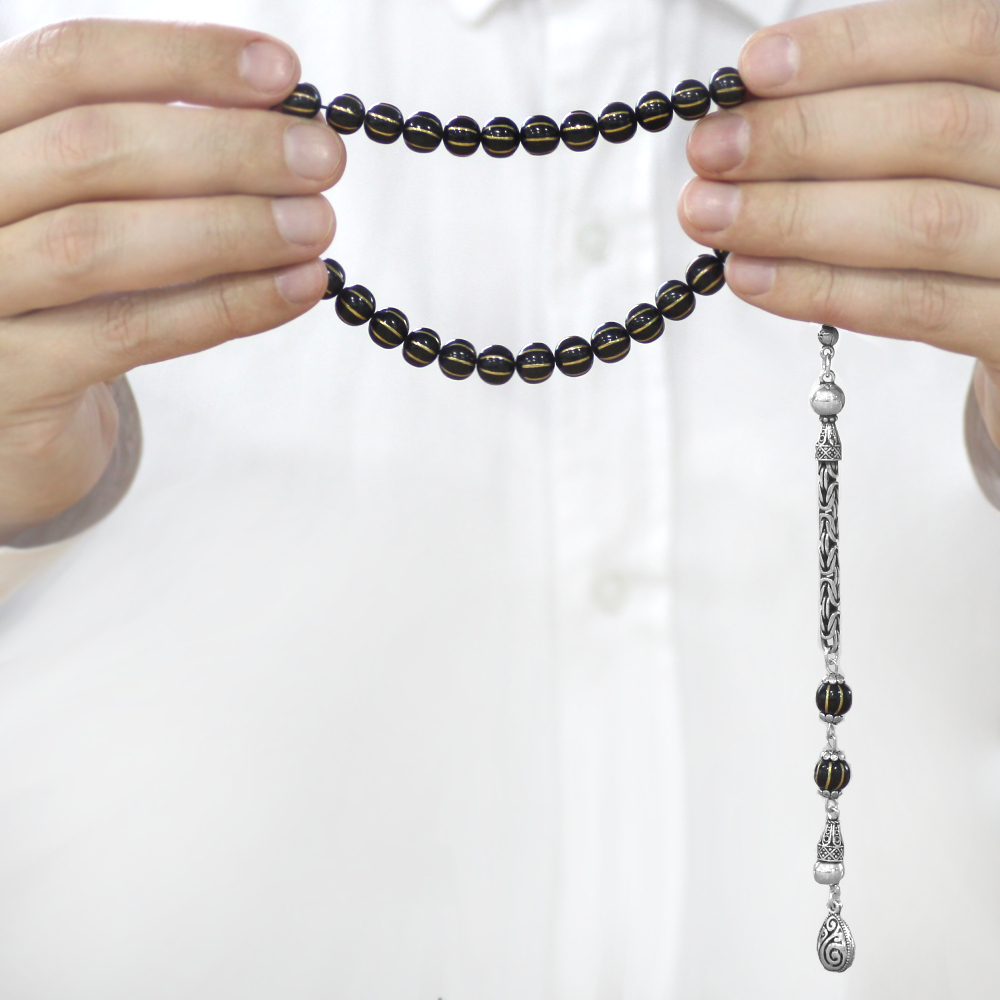 Rus Oltu Tesbih - 925 Ayar Gümüş Kral Zincir Püsküllü - 8 li Karpuz Yarma - Siyah Renk - Küre Kesim - 3