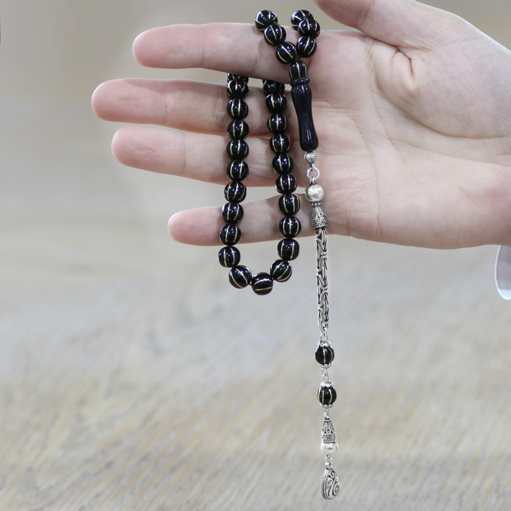 Rus Oltu Tesbih - 925 Ayar Gümüş Kral Zincir Püsküllü - 8 li Karpuz Yarma - Siyah Renk - Küre Kesim - 2