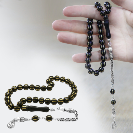 Rus Oltu Tesbih - 925 Ayar Gümüş Kral Zincir Püsküllü - 8 li Karpuz Yarma - Siyah Renk - Küre Kesim - Tesbihane