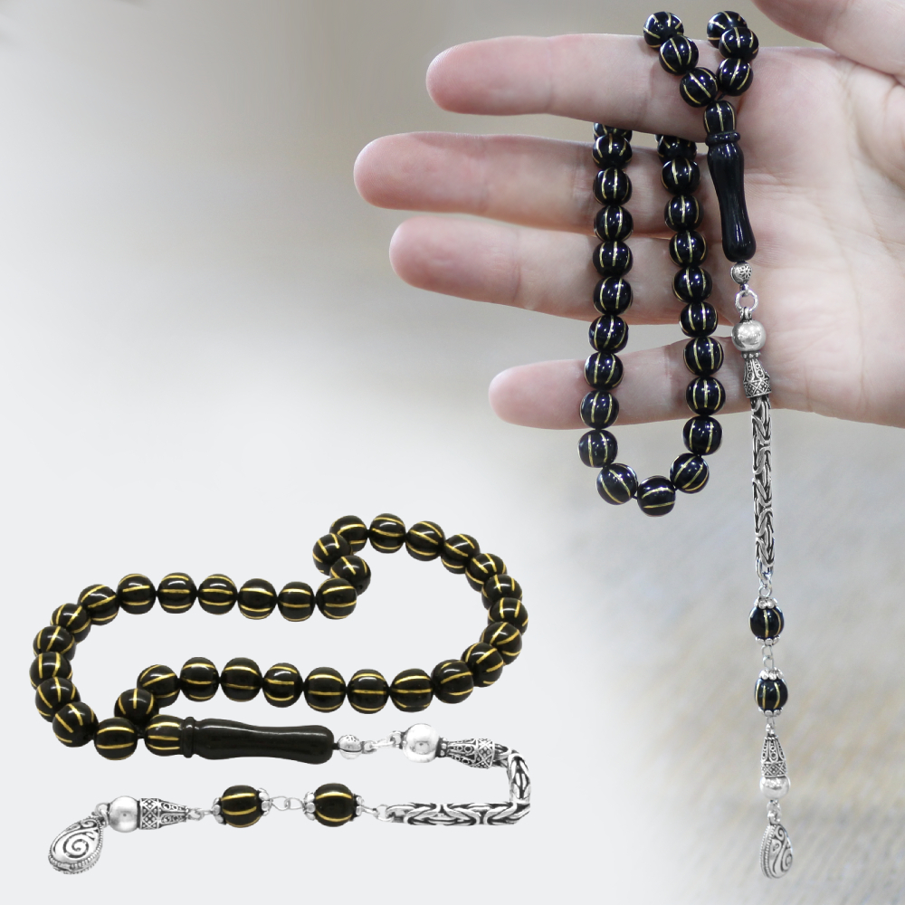 Rus Oltu Tesbih - 925 Ayar Gümüş Kral Zincir Püsküllü - 8 li Karpuz Yarma - Siyah Renk - Küre Kesim - 1