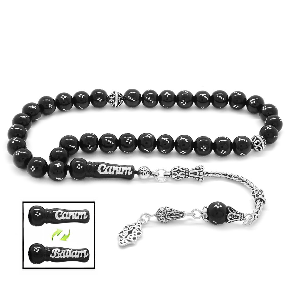 Rus Oltu Tesbih - 925 Ayar Gümüş Püsküllü - İmamesi İsme Özel Yazılı - Küre Kesim - 1