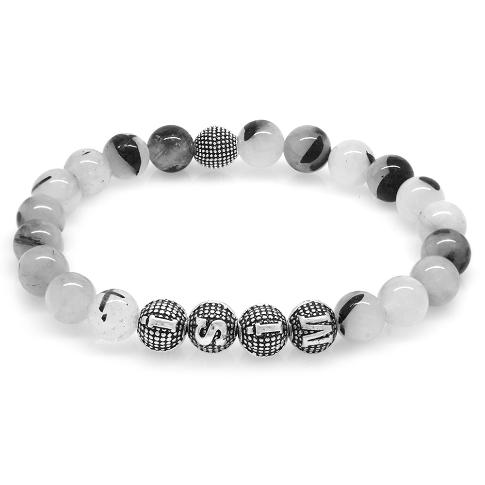 Rutil Kuvars Doğaltaş Bileklik - İsme Özel Yazılı - Metal Kombinli - Küre Kesim - 3