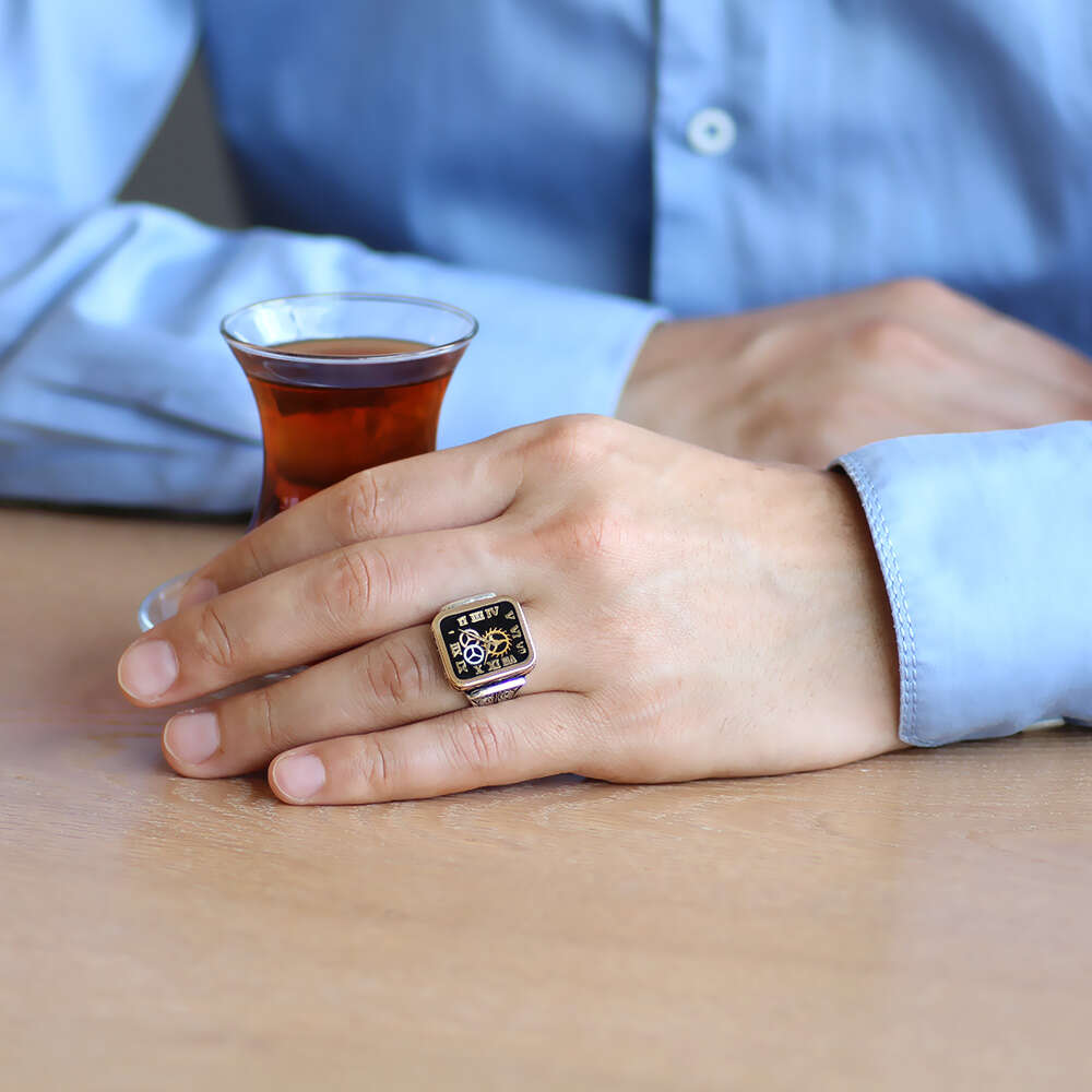 Saat Tasarım Siyah Mineli 925 Ayar Gümüş Erkek Yüzük - 2